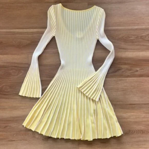 STAUD fit and flare lemon and white long sleeve dress - Picture 6 of 6